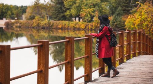 person looking over bridge at lake